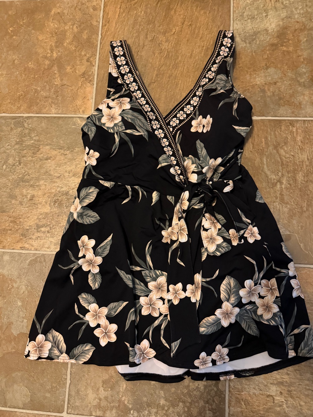 Lands' End Black Floral Tie-Front Tunic